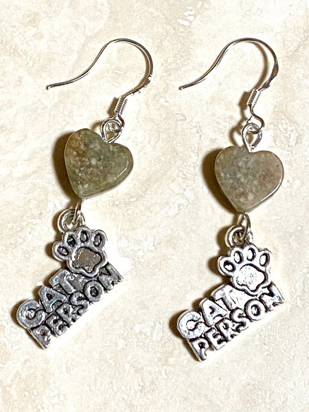 2/$20, Unakite Stone Heart Cat Person Earrings, Gemstone & Sterling Silver Hooks